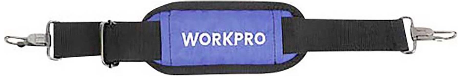 Bandoulière noir et bleu portant l'inscription 'WORKPRO' en blanc. Des mousquetons argentés sont fixés à chaque extrémité.
