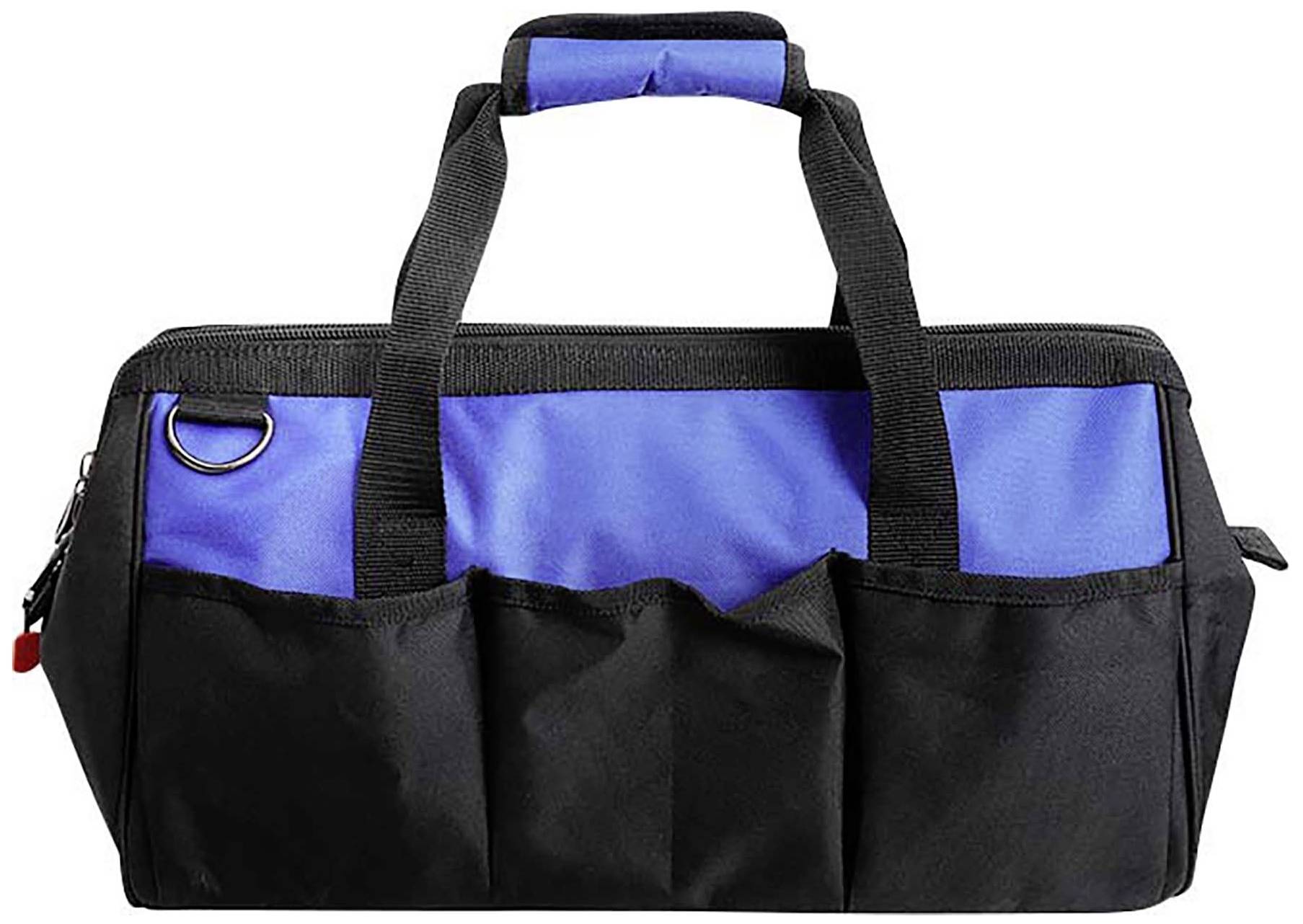 Sac à outils noir et bleu avec plusieurs poches extérieures et poignées de transport. Un œillet métallique est fixé sur le côté gauche.