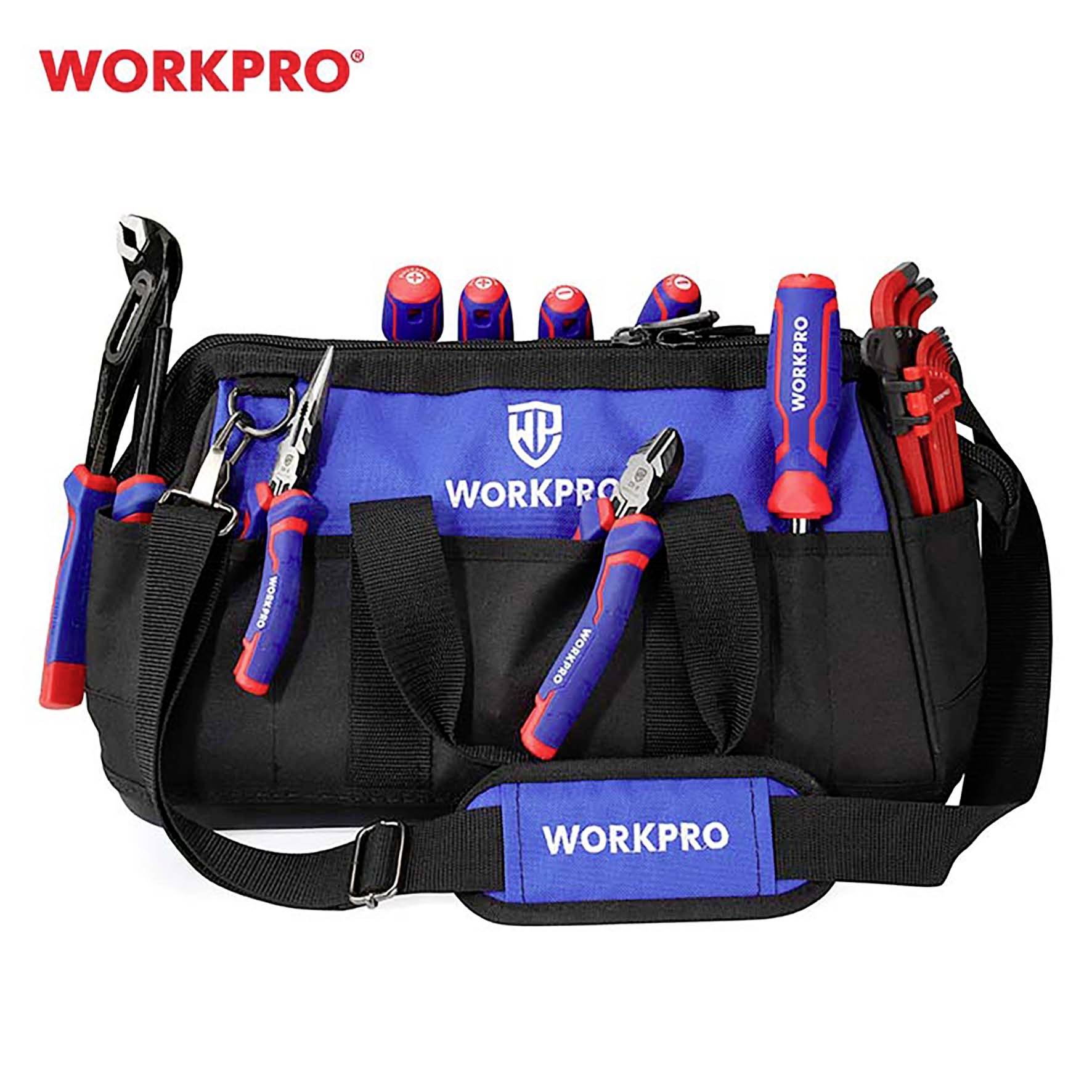 Un sac à outils bleu et noir avec des poignées rouges et noires, rempli de divers outils manuels tels que des pinces, des tournevis et des clés. Marque 'WORKPRO'.
