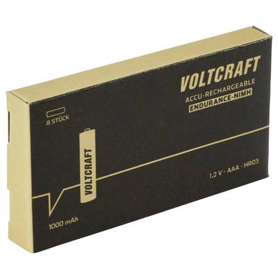 Emballage de la marque Voltcraft, Batterie AAA, 1,2 V, Ni-MH, 1000 mAh, lot de 8, rechargeables, couleurs noir et beige.