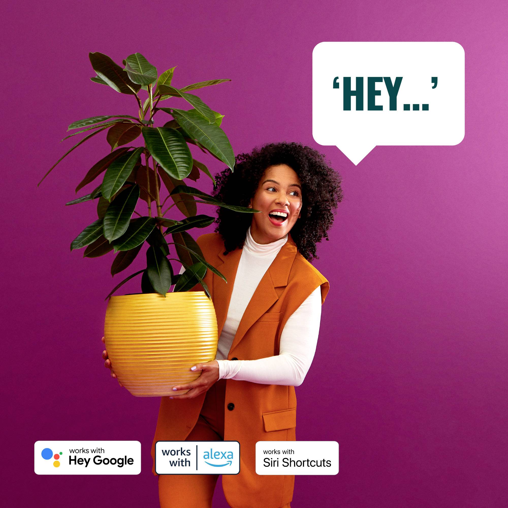 Une personne souriante tient une plante en pot devant un fond lilas. Texte sur l'image : 'Hey...'. Les logos de marques de Google, Alexa et Siri sont visibles.