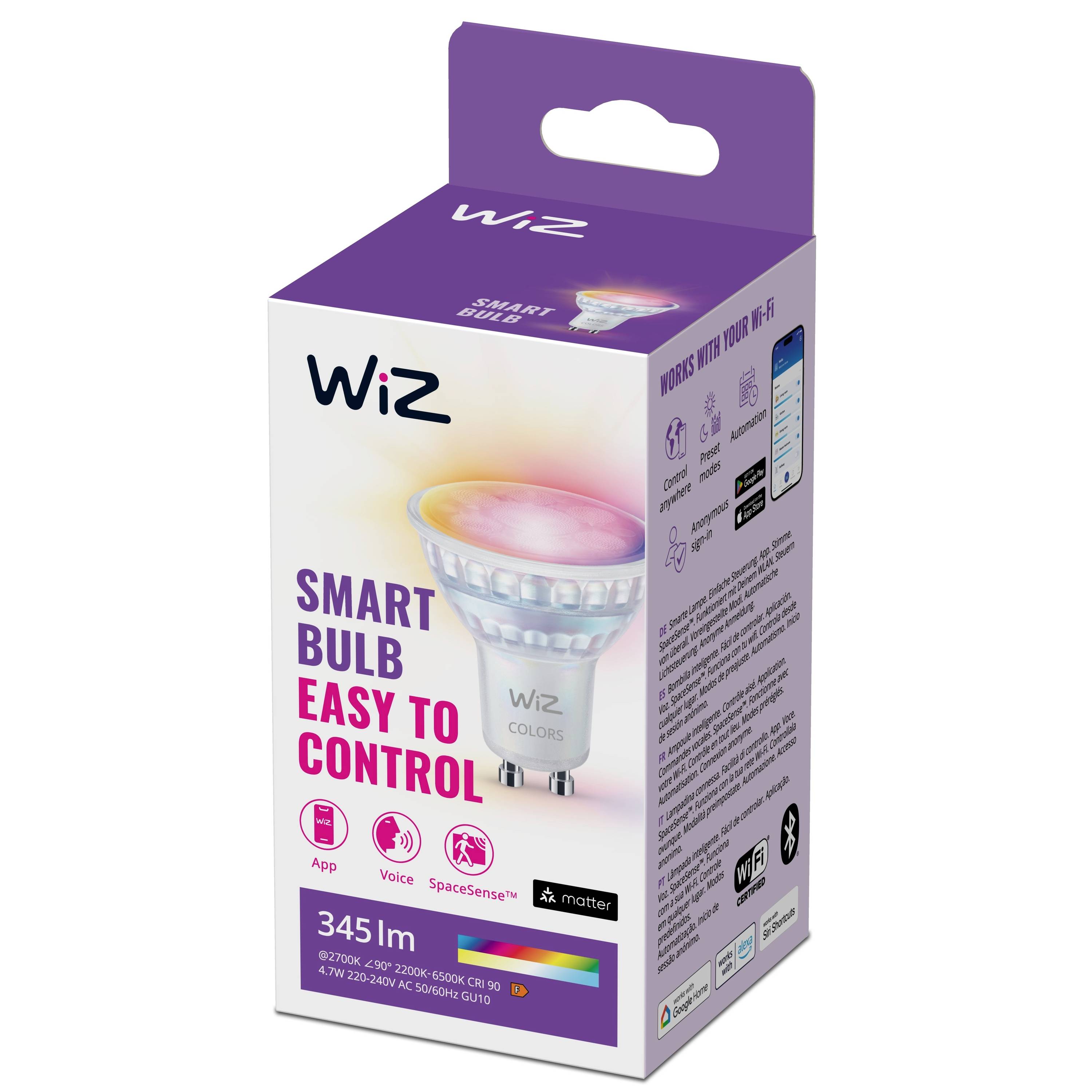 Emballage de l'ampoule intelligente Wiz en violet et blanc. Offre un contrôle vocal et via application. 345 lumens, compatible avec différents systèmes.