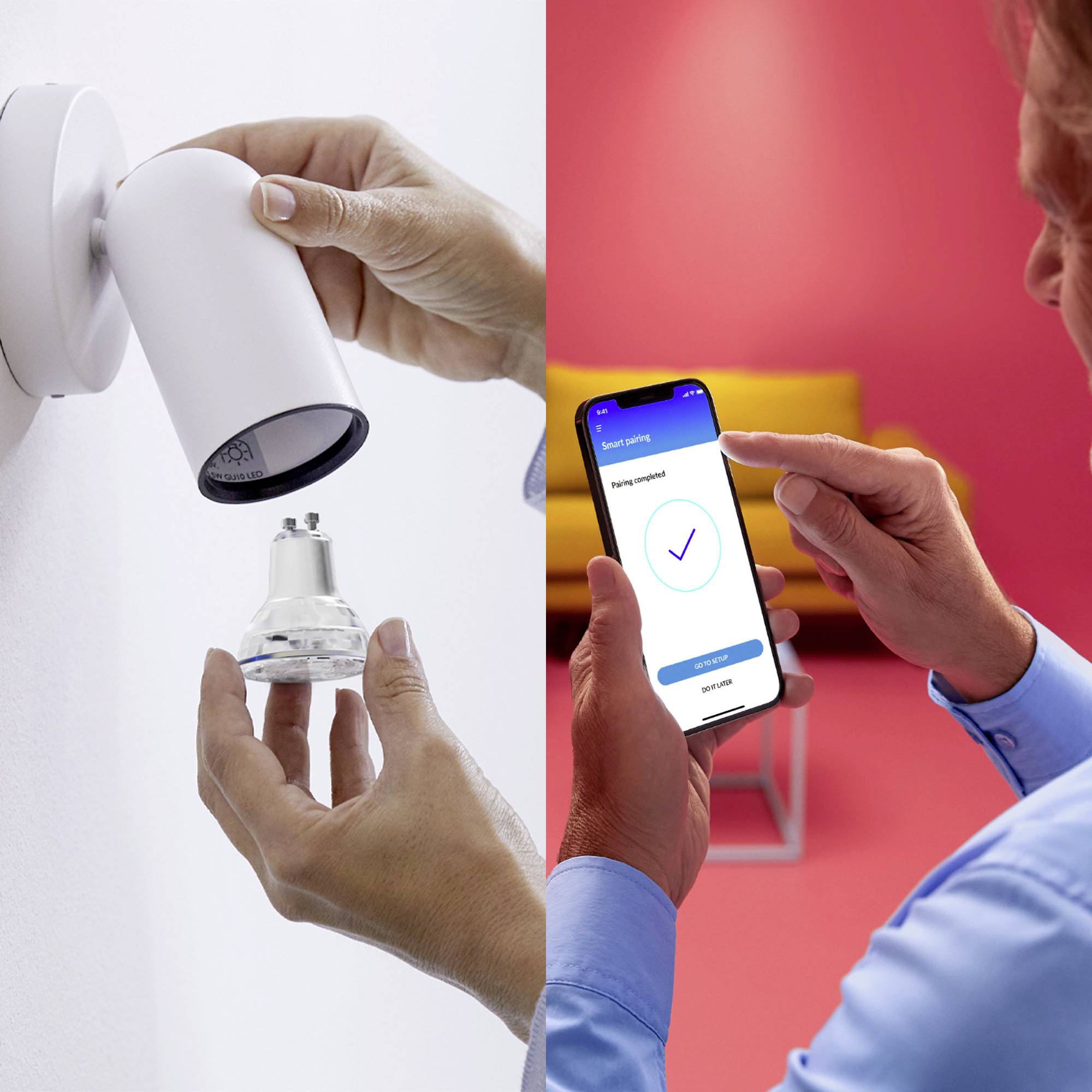Deux scènes : À gauche, une ampoule en train d'être changée, à droite, une personne utilisant une application sur un smartphone.