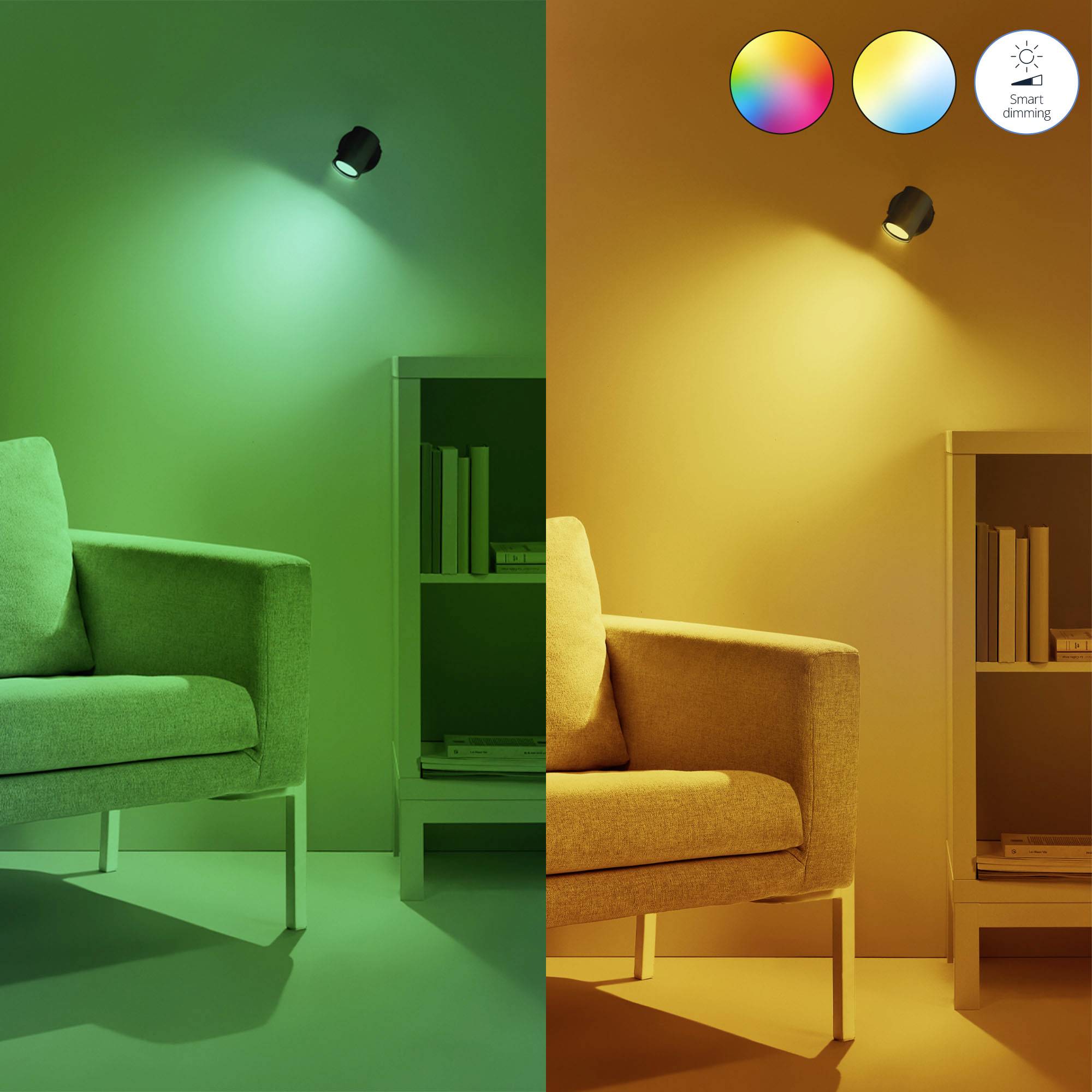 Un salon avec un canapé et une bibliothèque. L'éclairage passe du turquoise au jaune chaleureux, montrant un éclairage modulable.