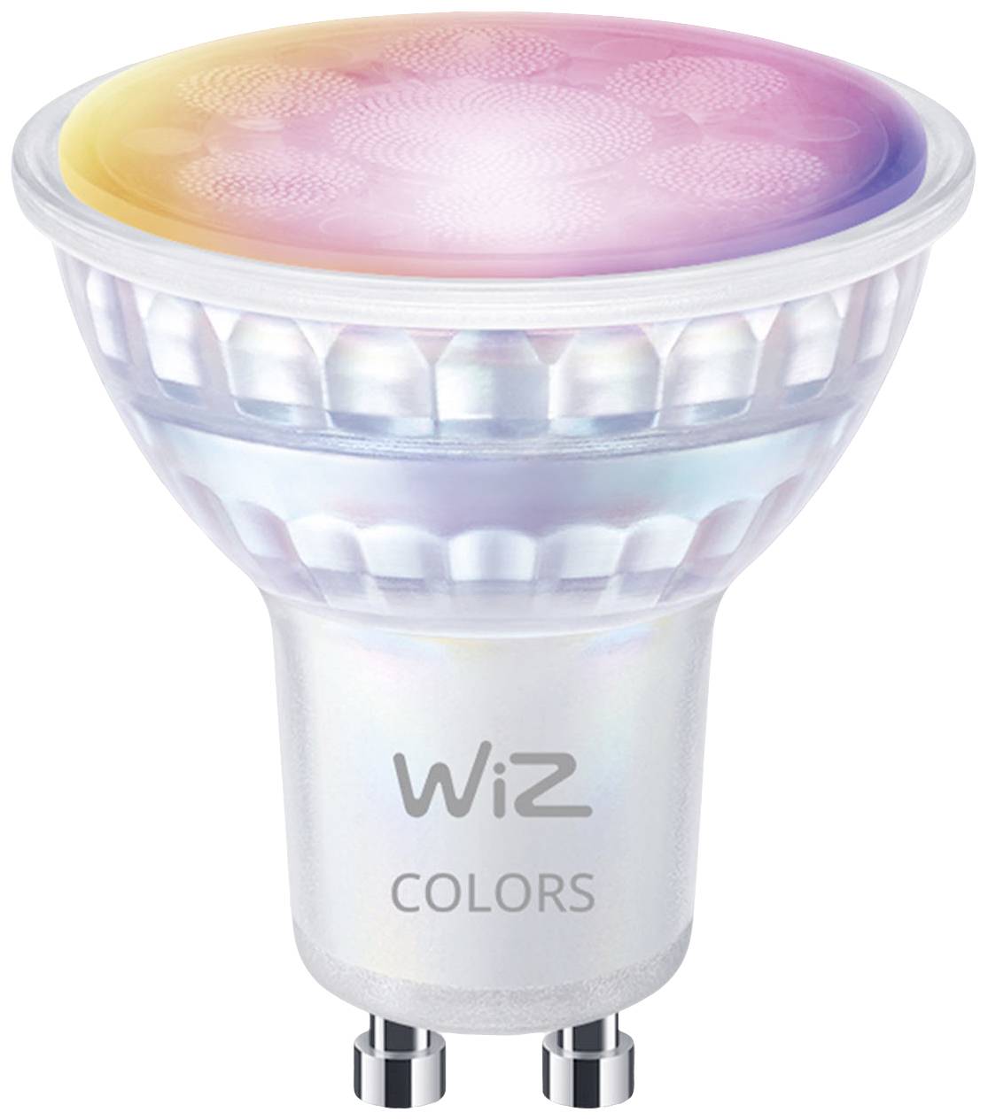Une lampe LED WiZ à culot GU10, capable de s'illuminer dans différentes couleurs, adaptée à l'éclairage intelligent.