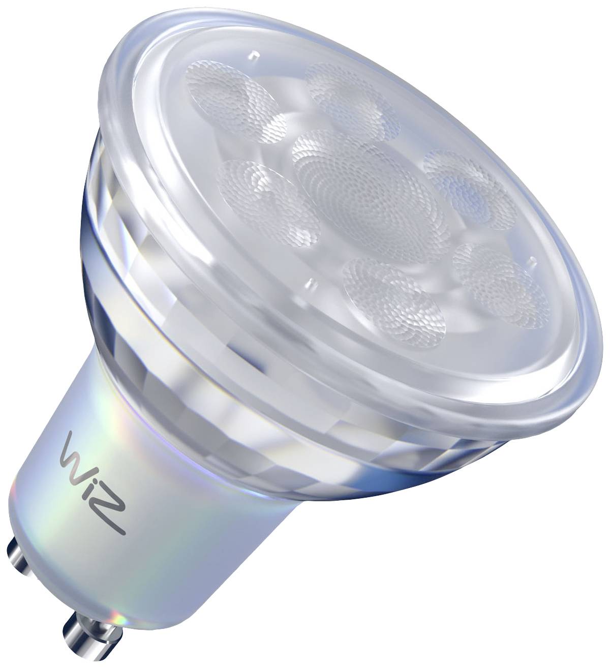 Une ampoule LED avec douille GU10, marquée 'WiZ', présente des éléments lumineux en spirale sur sa surface supérieure.