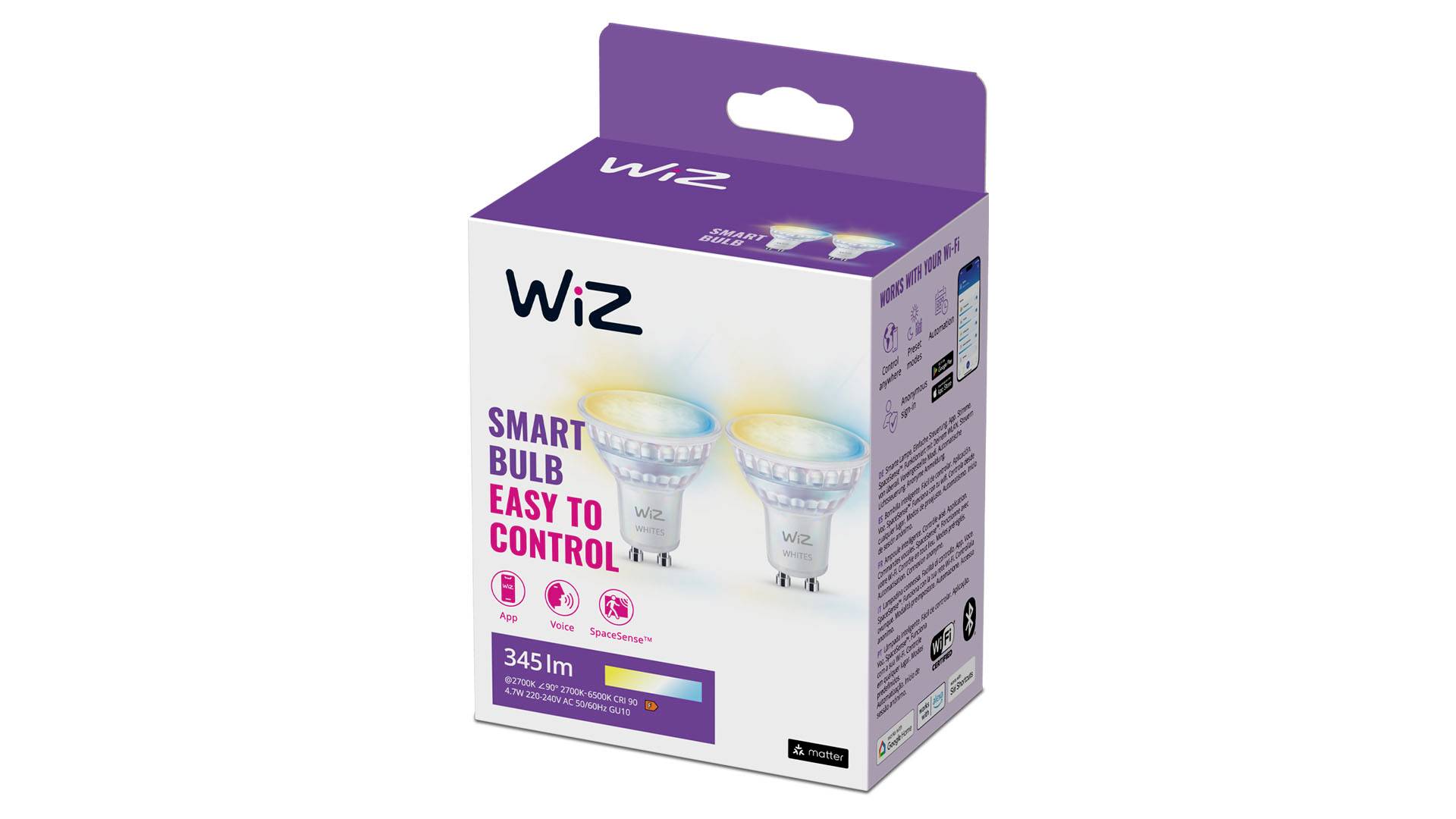 Deux ampoules LED intelligentes WiZ dans un emballage étiqueté 'SMART BULB EASY TO CONTROL', d'une puissance de 345 lumens.