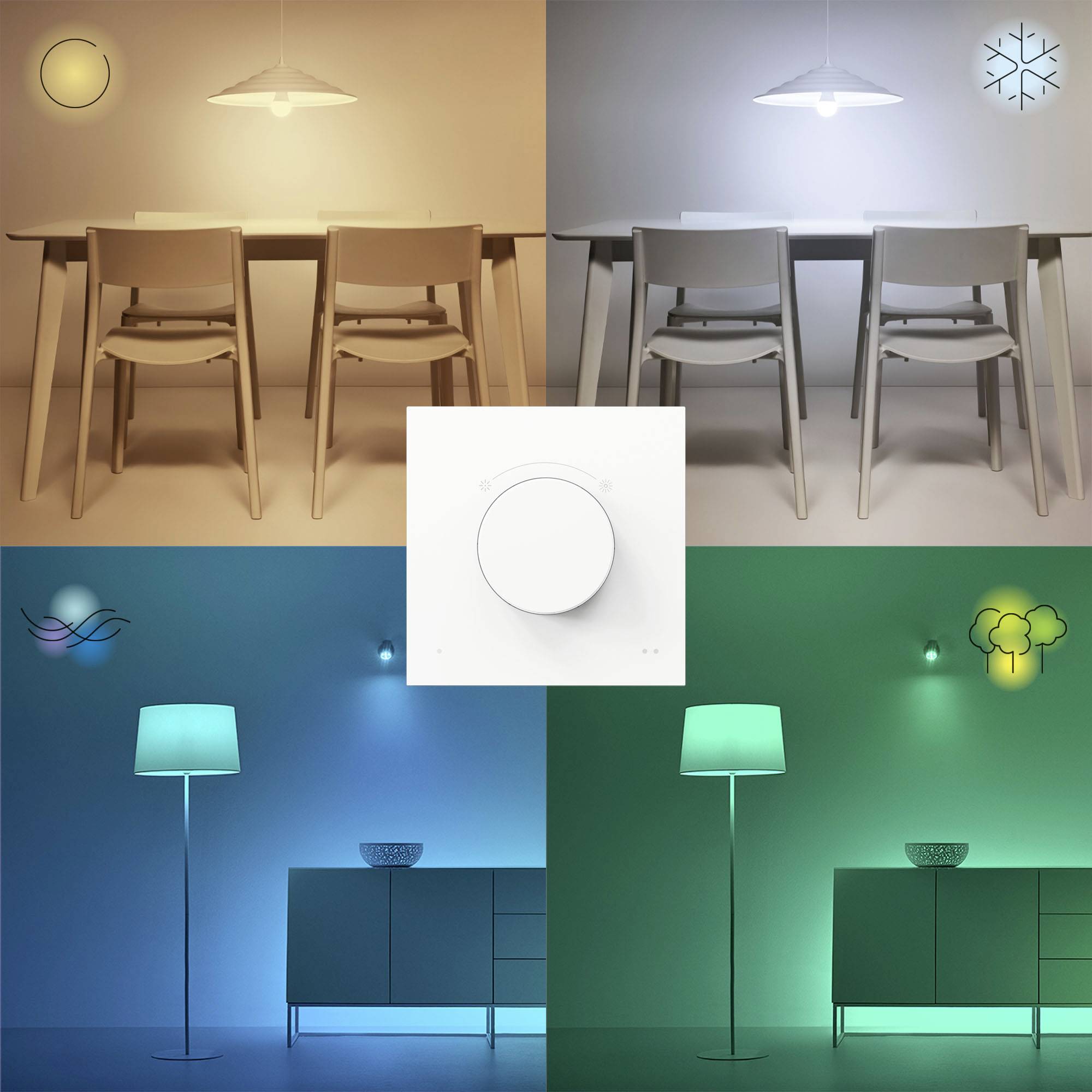 Une image présentant quatre ambiances lumineuses : chaleureuse, froide, naturelle et relaxante. Chaque ambiance met en scène des lampes et des couleurs d'espace différentes.