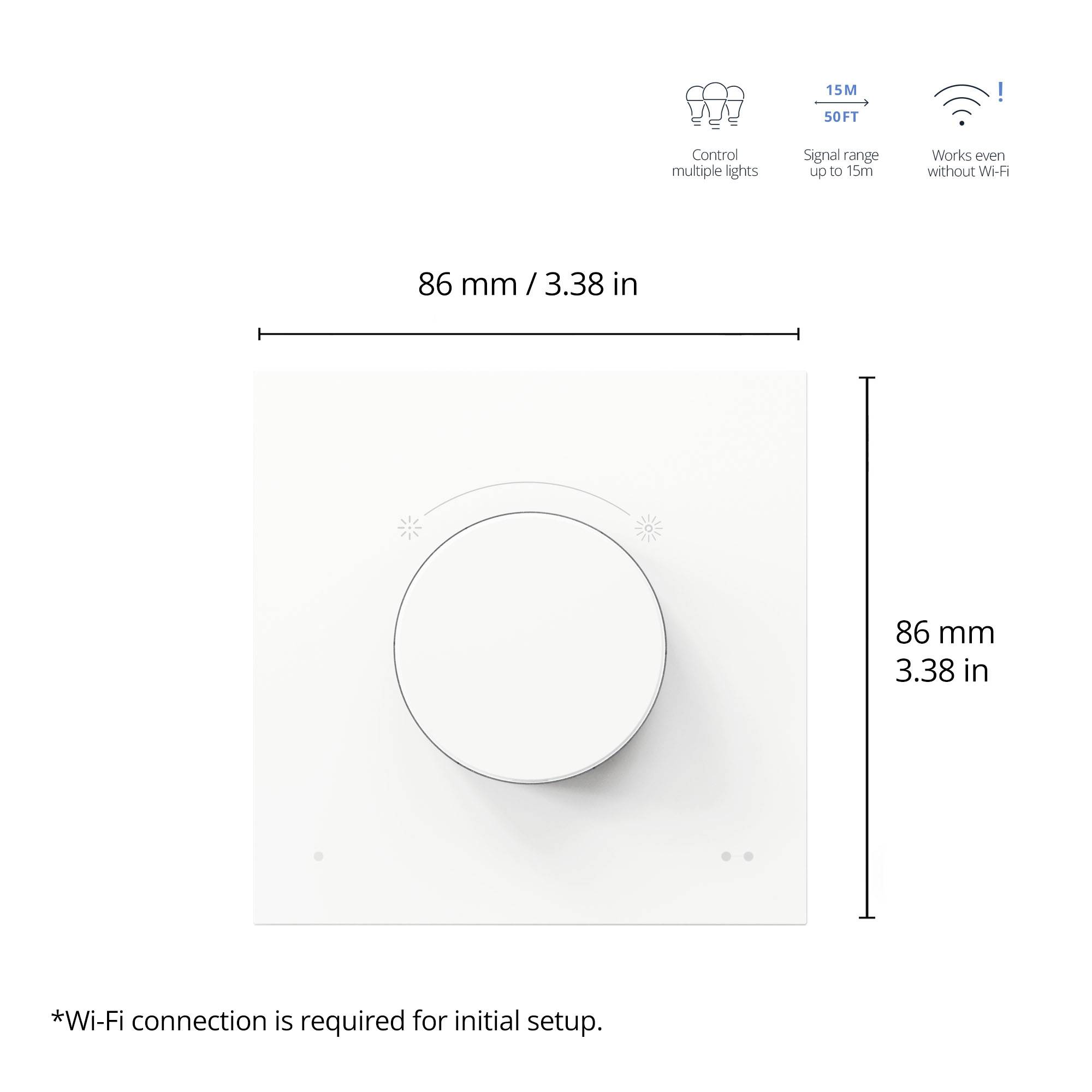 Un bouton rotatif blanc pour le contrôle de l'éclairage, avec des indications de dimensions de 86 mm, des mentions d'une portée de 15 m et une connexion WLAN initiale.