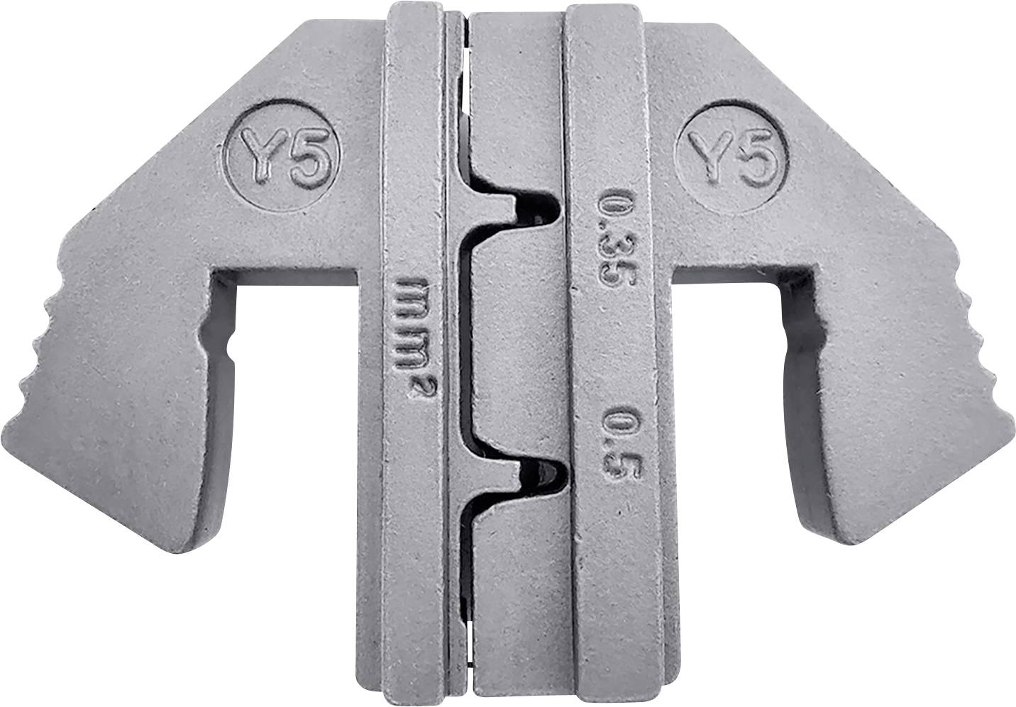 Un outil métallique gris en forme de pince portant les marquages 'Y5', '0.25' et '0.5'. Utilisé pour la fixation ou l'alignement de pièces.