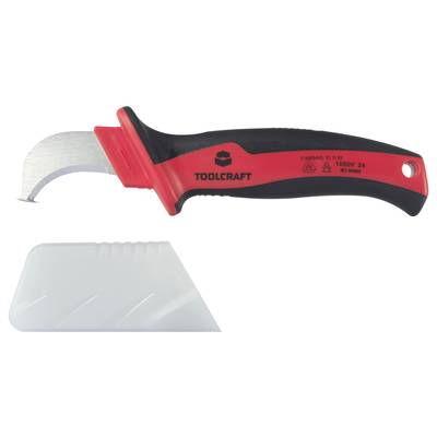 Un couteau isolant rouge et noir de TOOLCRAFT avec une lame courbe, adapté aux travaux jusqu'à 1000V.