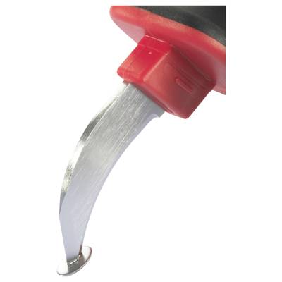 Un couteau de sécurité rouge à lame courbe, adapté pour couper des emballages et des rubans.