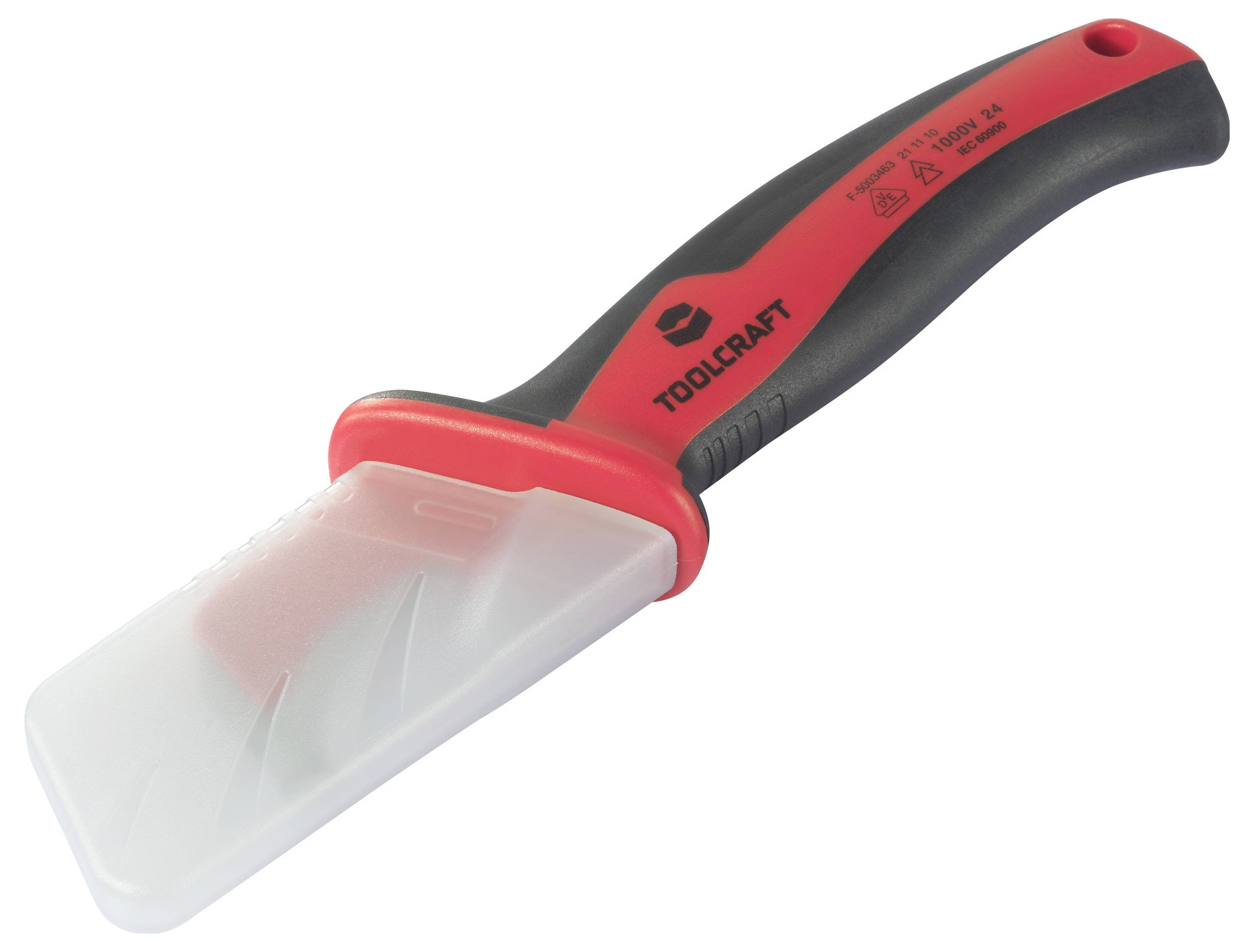 Un outil stable, rouge et noir avec une protection en plastique, adapté pour gratter des matériaux. Nom de marque 'Toolcraft' sur la poignée.