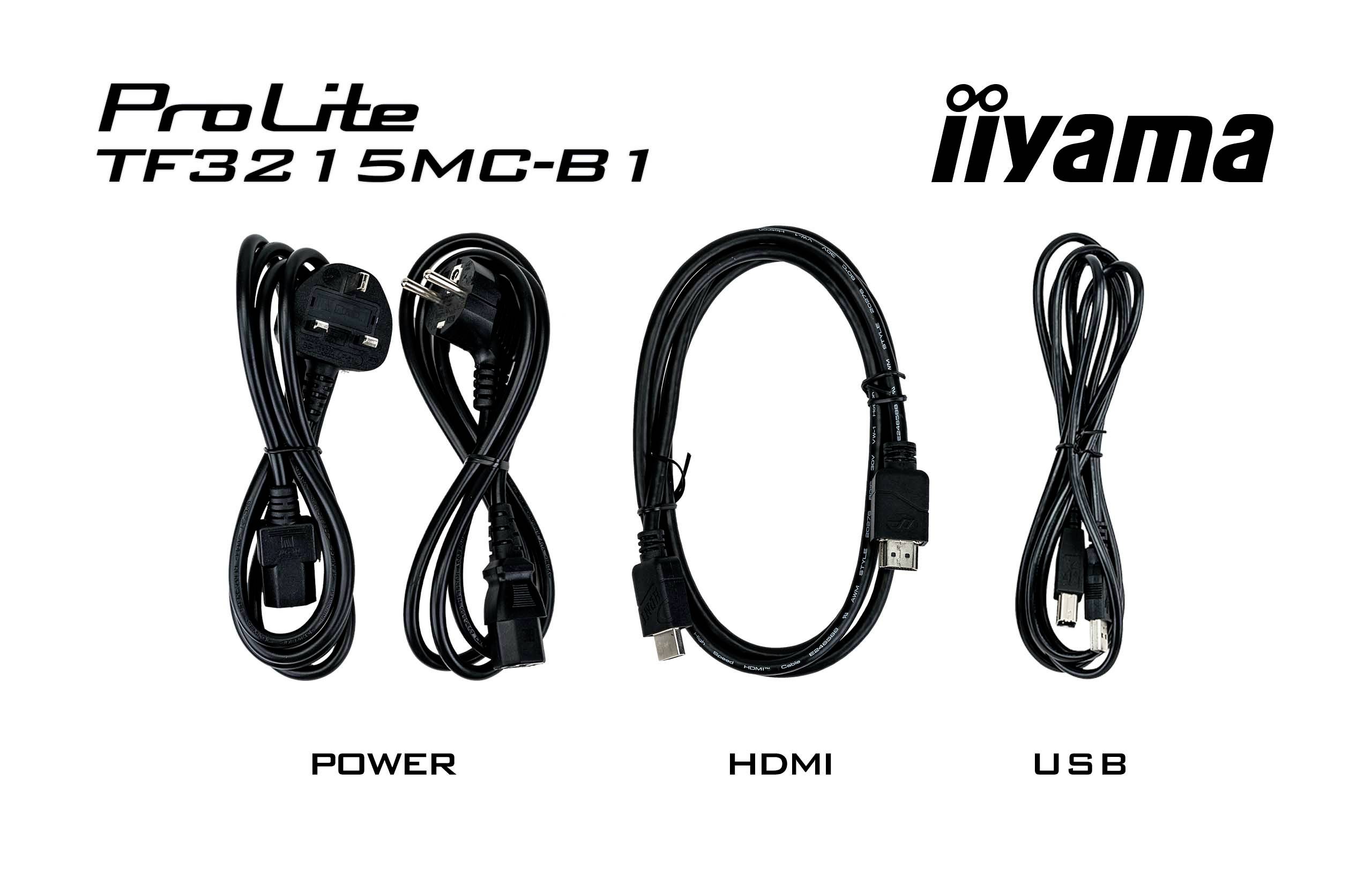 'L'image principale montre trois câbles pour l'alimentation électrique, HDMI et USB, adaptés au moniteur iiyama ProLite TF3215MC-B1.'