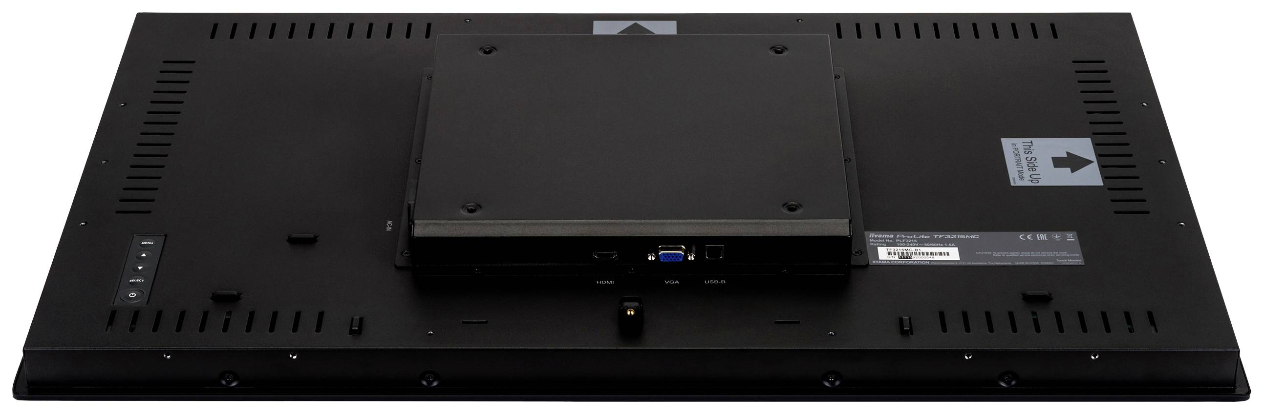 Dos d'un écran plat noir avec des connexions au centre. Des flèches d'orientation sont situées en haut et en bas.