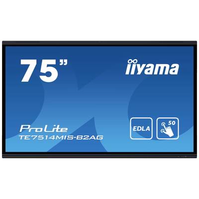 Un écran bleu affiche l'inscription '75"' et 'iiyama ProLite TE7514MIS-B2AG', ainsi que des symboles pour EDLA et la fonction tactile.