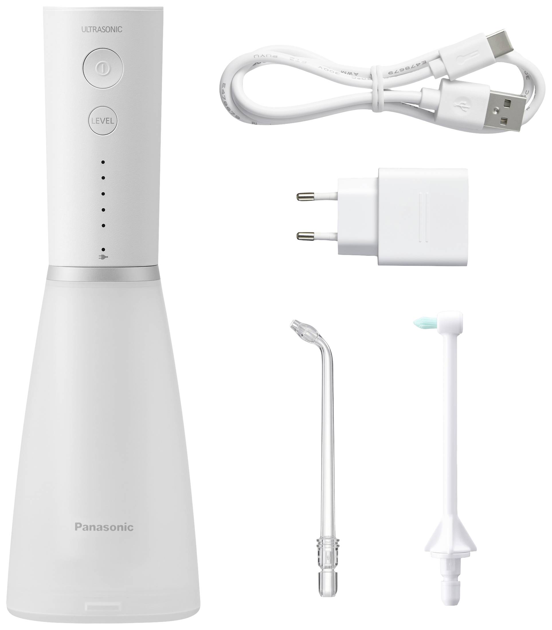 'Irrigateur buccal Panasonic avec câble USB, adaptateur secteur, buse et tuyau à eau.'