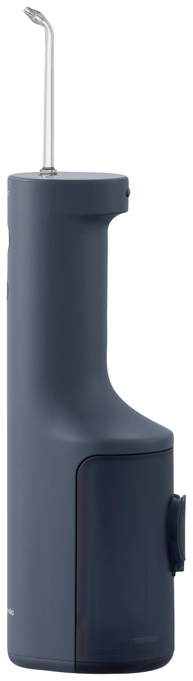 Irrigateur buccal portable avec boîtier gris, orienté verticalement. Adapté au nettoyage des espaces interdentaires et des poches parodontales.
