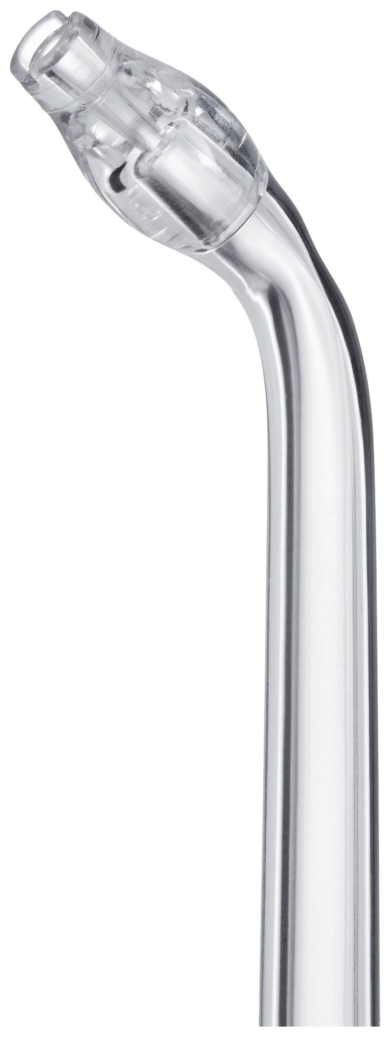 Embout en plastique transparent avec tube incurvé, utilisé comme accessoire pour un hydropulseur de nettoyage dentaire.