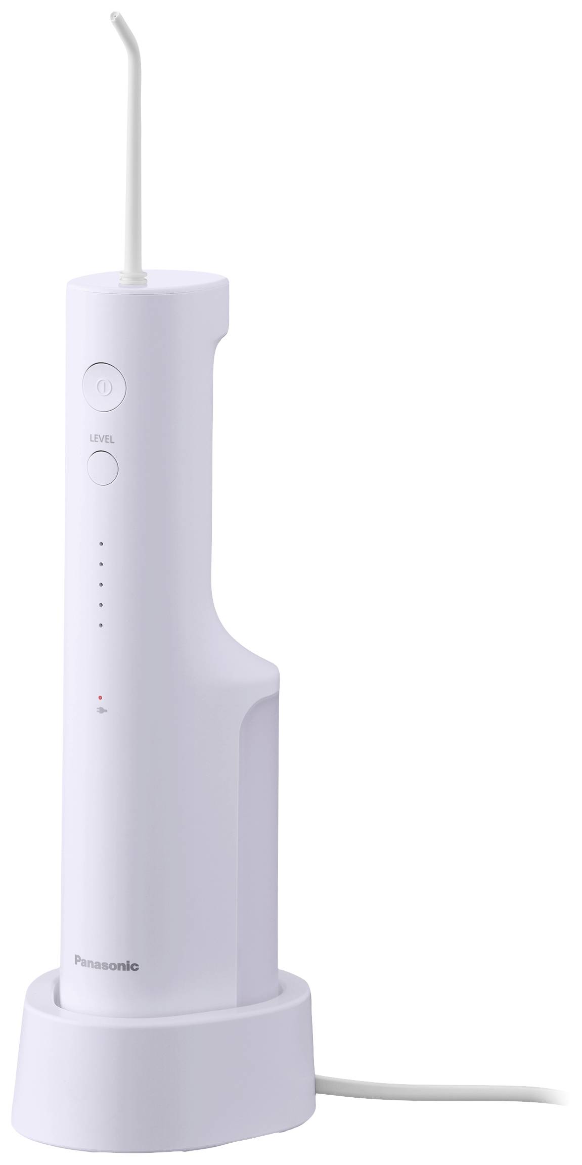 Un appareil de jet bucal blanc et sans fil est placé dans sa station de charge. Il est équipé d'un embout long et étroit pour le jet d'eau et dispose d'une disposition simple des boutons de commande.