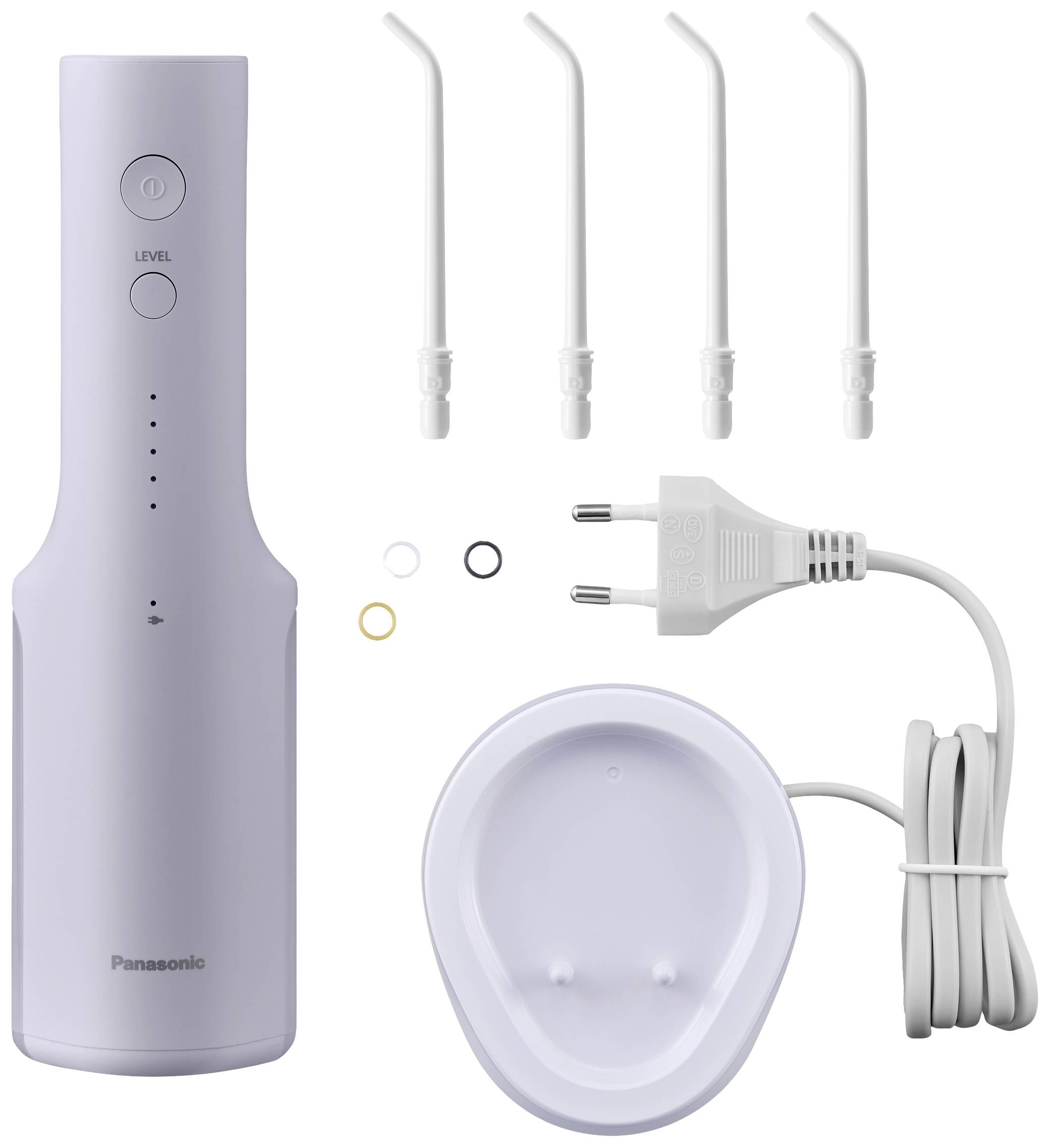 Nettoyeur dentaire sans fil avec station de charge, quatre embouts et adaptateur secteur. Appareil doté de deux niveaux de puissance pour l'hygiène buccale.