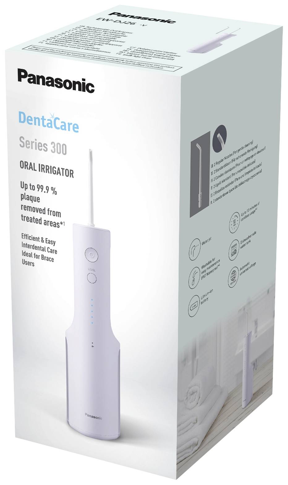 Boîte en carton d'un appareil de nettoyage dentaire de la marque Panasonic. Présente la photo du produit et met en avant l'élimination de 99,9% de la plaque dentaire. Idéal pour les personnes portant des bagues orthodontiques.
