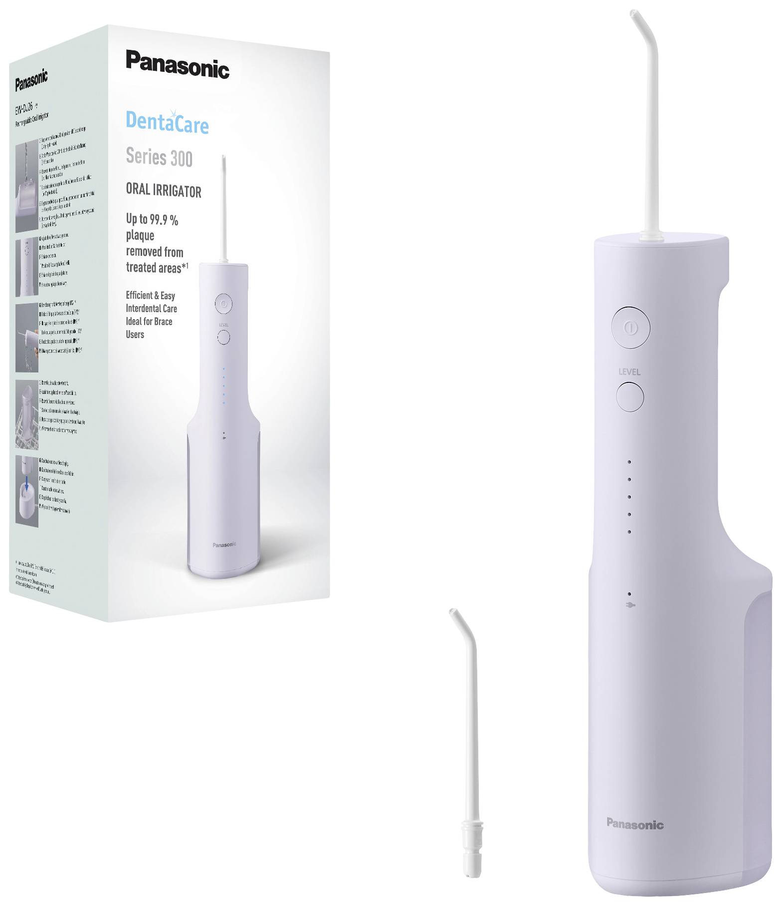 Série Panasonic DentaCare 300 Hydropulseur avec un design blanc et élégant. L'emballage présente le produit et met en avant les avantages pour l'hygiène bucco-dentaire.