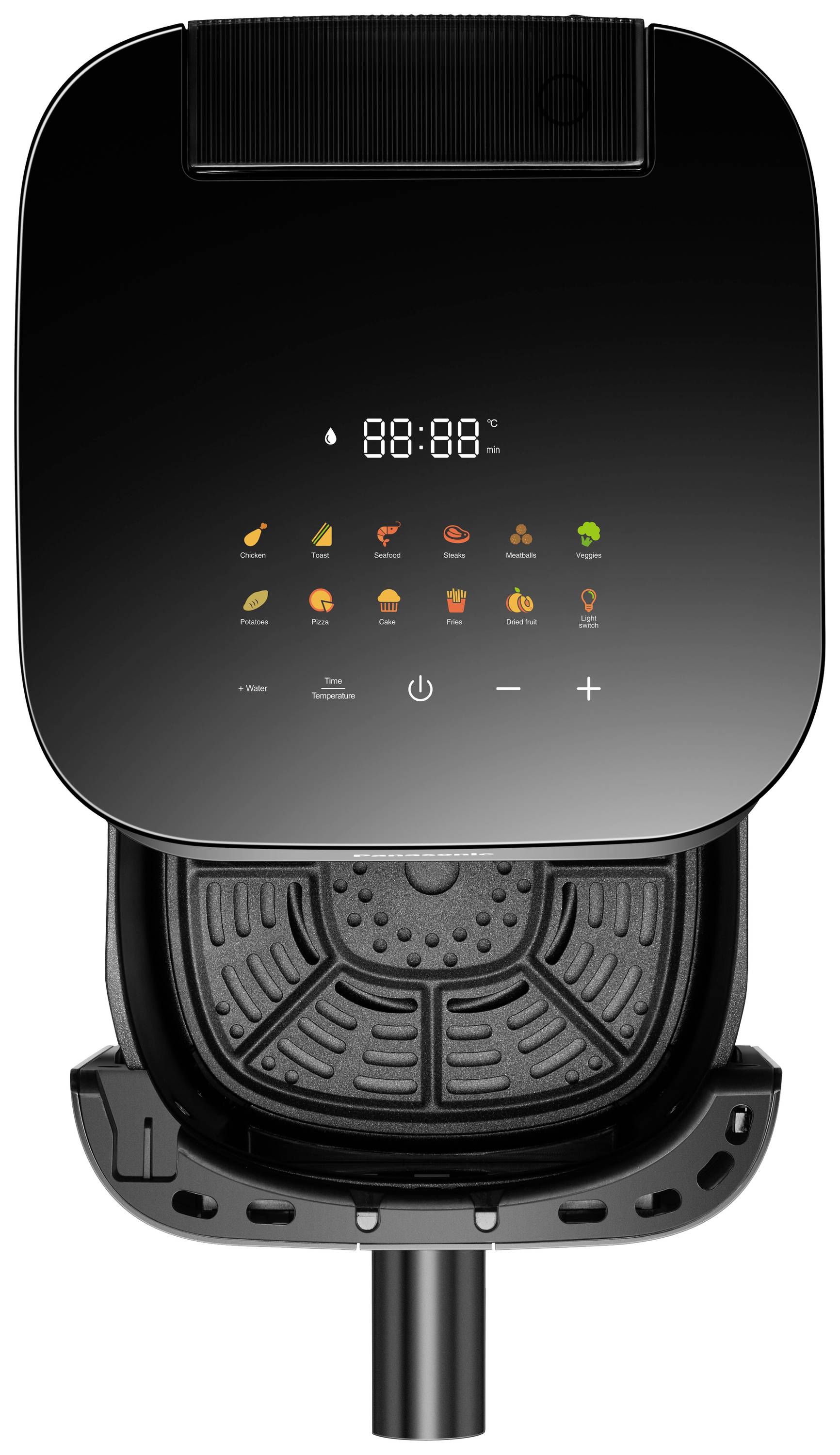 Friteuse à air chaud noir avec affichage numérique, montrant des symboles pour différents modes de cuisson et un indicateur de température.