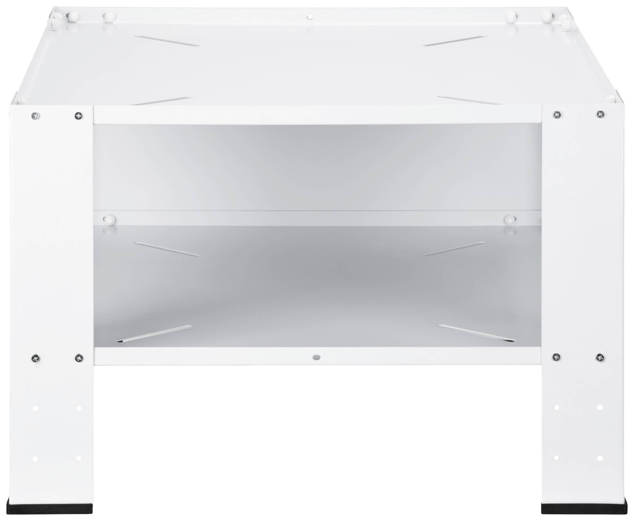 Une table basse blanche avec deux étagères en métal et des pieds solides. Idéale comme support pour télévision ou meuble.