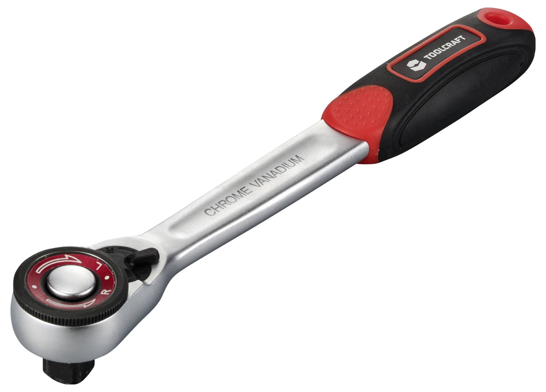 Une clé à molette de couleur argent avec une poignée rouge et noire. La tête de la clé est ronde avec un mécanisme de réglage.