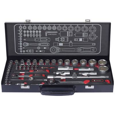 Une boîte à outils ouverte contenant un jeu de douilles, des clés à cliquet et différentes douilles et accessoires dans des compartiments moulés.