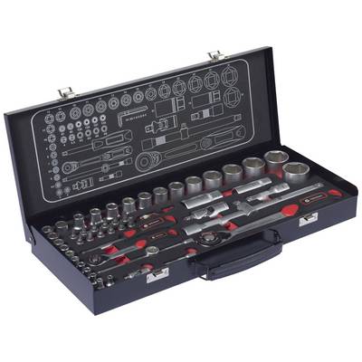 Coffret à outils de mécanicien comprenant un jeu de clés à douilles, des clés à cliquet et des embouts de différentes tailles, rangés de manière organisée dans un coffret ouvert.
