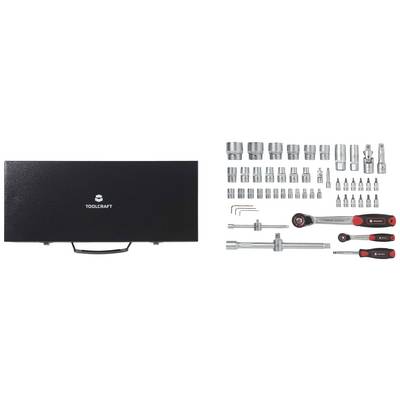 Une boîte à outils TOOLCRAFT ouverte montre une variété de clés à douille, d'embouts et de clés à cliquet, disposés à côté de différents outils de préhension.