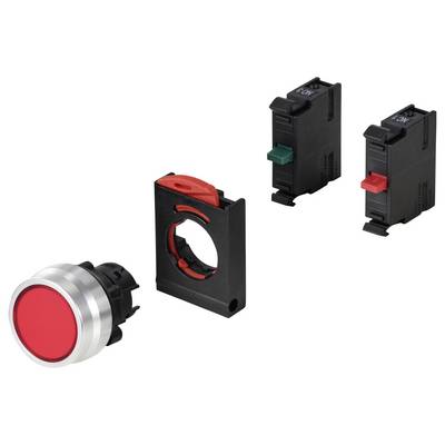Bouton-poussoir rouge avec bordure argentée, entouré d'accessoires de montage. Deux modules d'interrupteur noirs avec actionneurs vert et rouge.