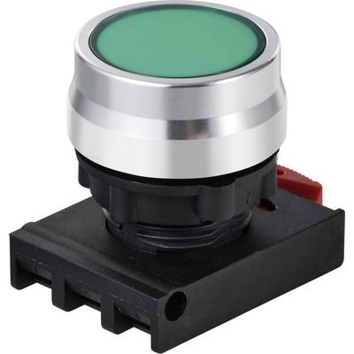 Bouton-poussoir vert dans un boîtier noir, souvent utilisé pour la commande de machines, placé sur un fond blanc.