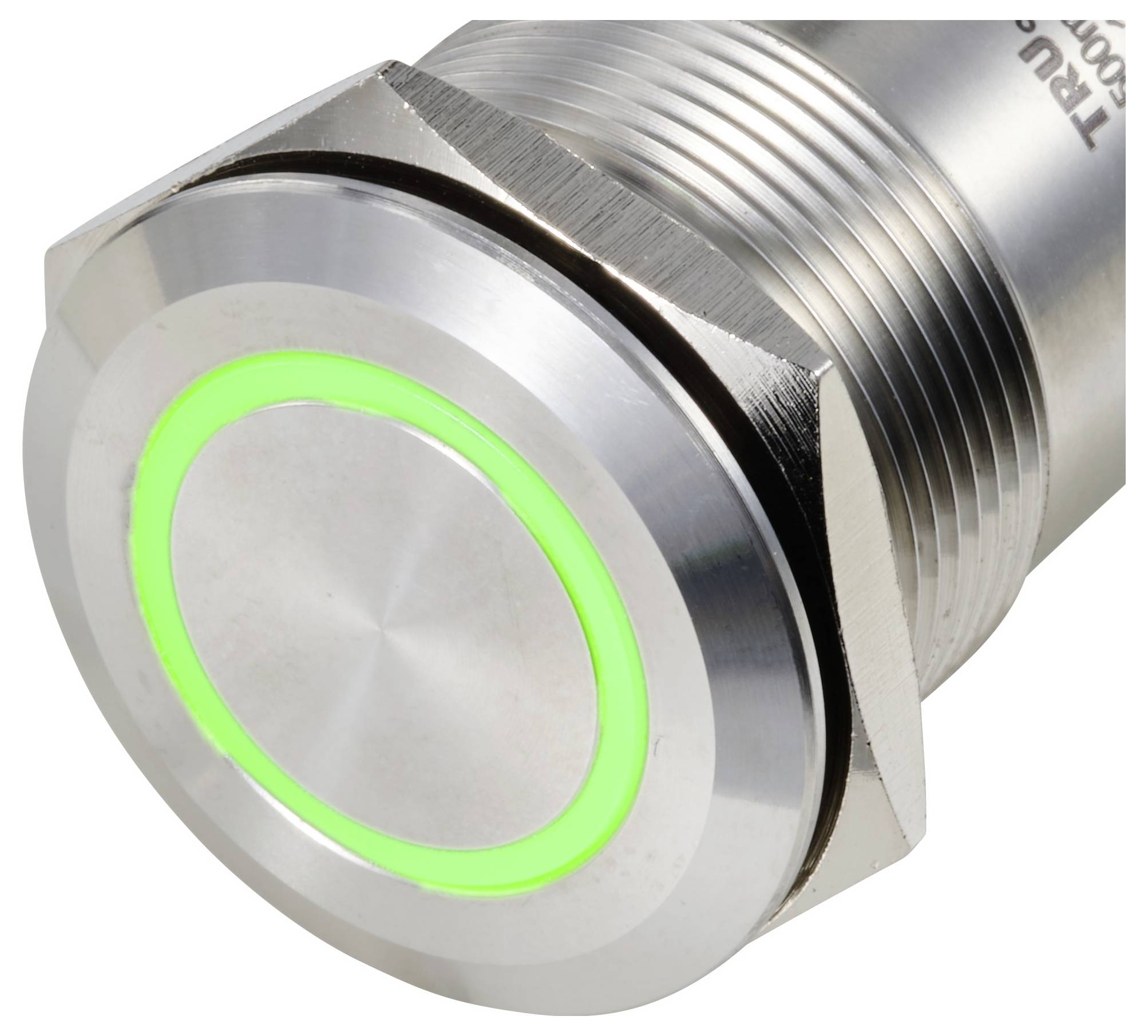 Bouton métallique argenté avec anneau lumineux vert, intégré dans un boîtier cylindrique.