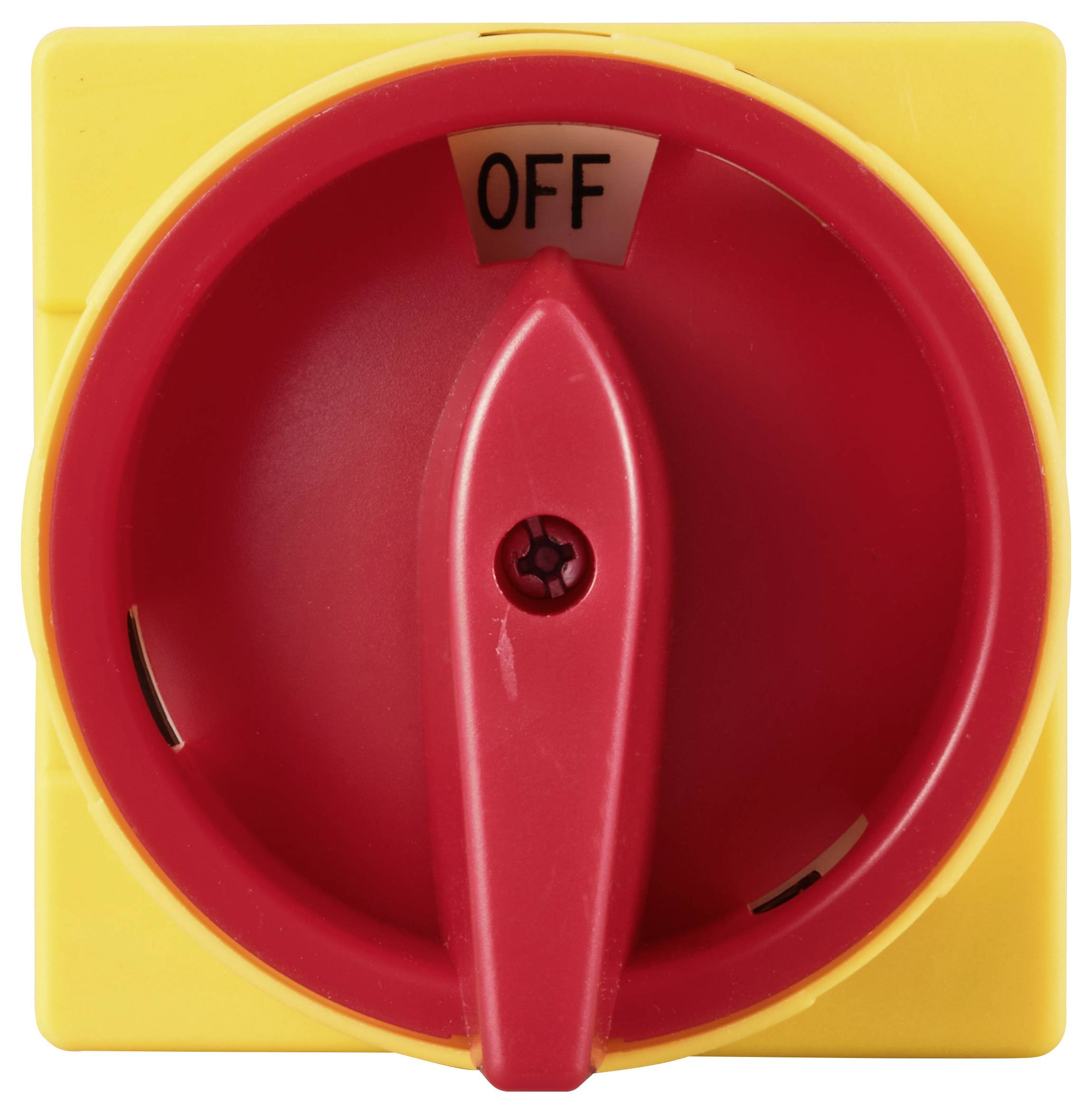 Un interrupteur principal rouge sur base jaune avec la position 'OFF' clairement visible.