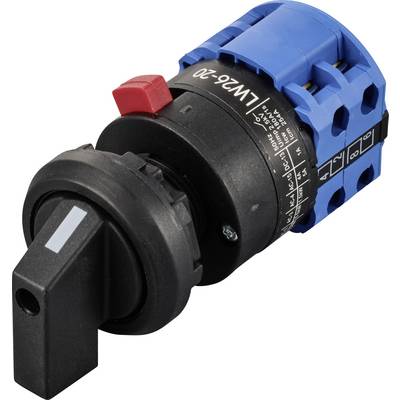 Un commutateur rotatif bleu et noir avec un interrupteur rouge sur le dessus et les marques 'LW26-20'.