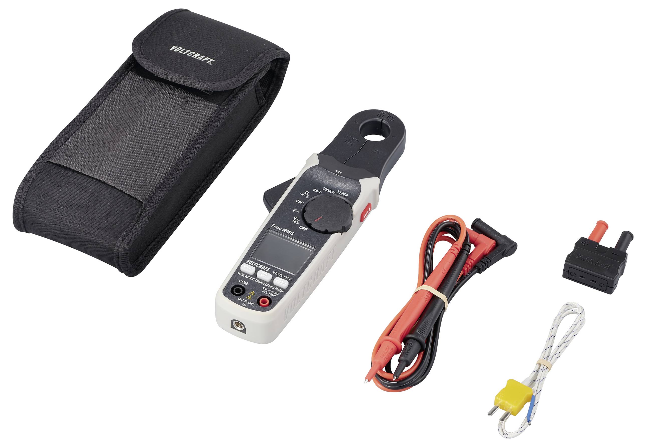 Pince ampèremétrique numérique avec étui, câbles de mesure et accessoires. Adapté pour les mesures électriques telles que la tension et l'intensité du courant.