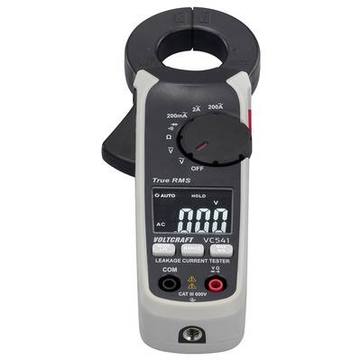 Appareil de mesure numérique à pince avec affichage LCD indiquant '0,00'. Commutateur rotatif pour la mesure du courant, pinces pour la mesure de câbles en haut.