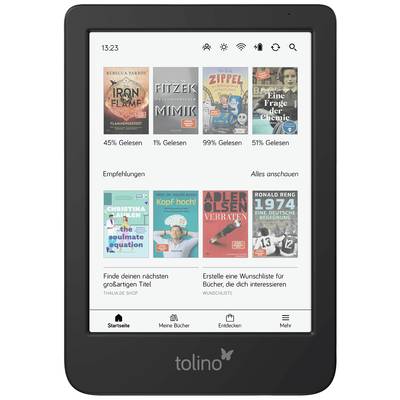 Une liseuse affichant sept couvertures de livres avec des indicateurs de progression de lecture. Les recommandations incluent des romans et des ouvrages documentaires. Barre de menu située en bas de l'écran.
