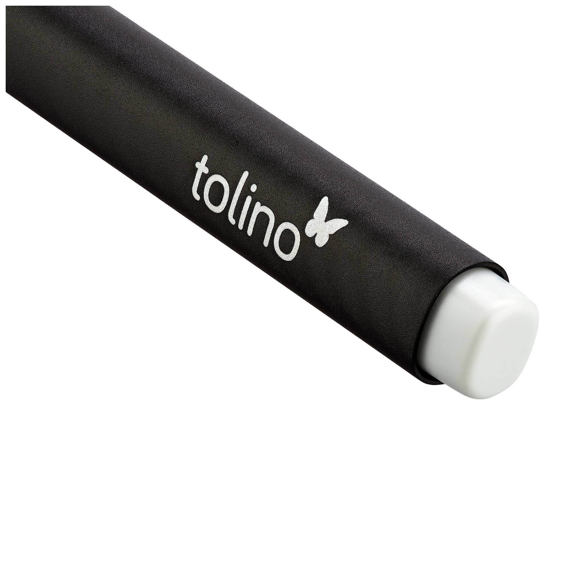 Stylo noir portant l'inscription 'tolino' et un petit logo de papillon sur le côté, avec un capuchon blanc à l'extrémité.