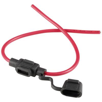 Câble électrique rouge avec support de fusible noir, adapté aux installations électriques ou aux applications automobiles.