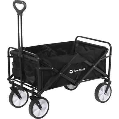 Un chariot noir à quatre roues et une poignée de traction. Le chariot dispose d'un châssis robuste et d'une housse en tissu avec des poches latérales.