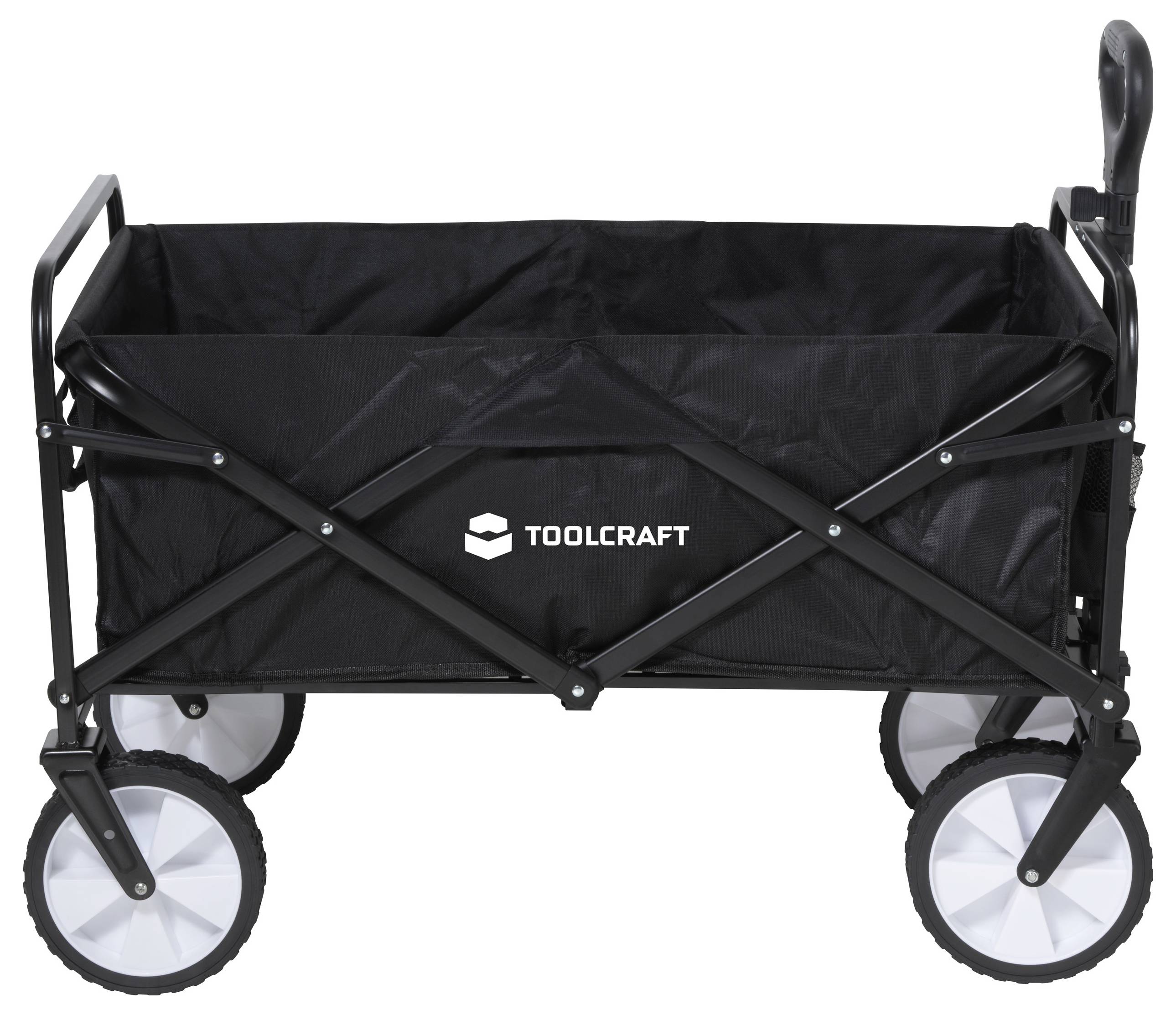 Chariot de transport noir de Toolcraft avec un châssis pliable et quatre grandes roues, adapté au transport d'objets.