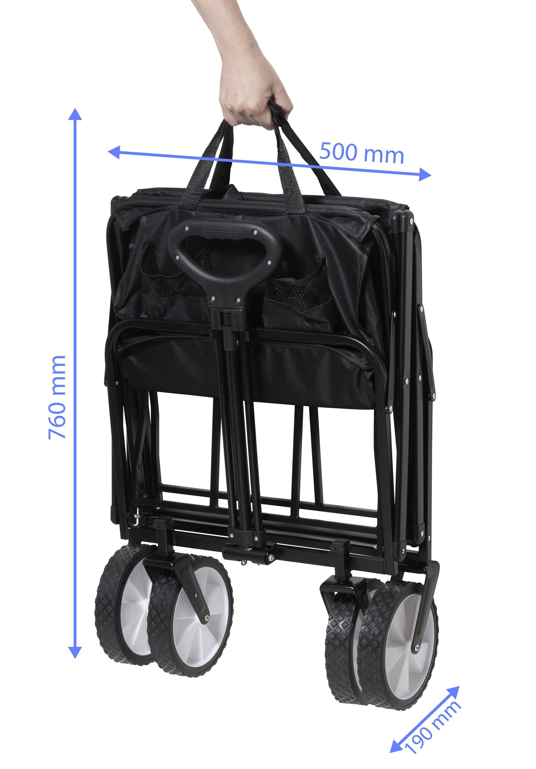 Une main tire un chariot pliant à quatre roues. Dimensions : 760 mm de hauteur, 500 mm de largeur, 190 mm de profondeur.