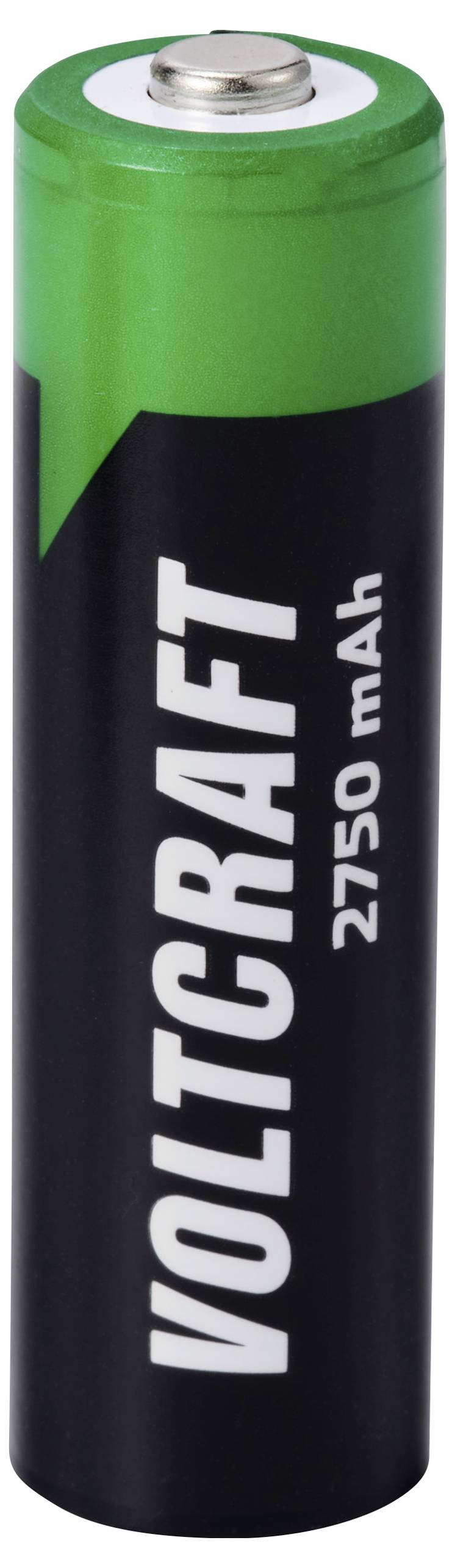 Une pile AA noire avec un bord supérieur vert, portant l'inscription « VOLTCRAFT 2750 mAh ».