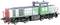 Locomotive de train miniature ; peinte en vert, blanc et rouge ; avec le logo DB. Présente un design détaillé avec des garde-corps et des inscriptions.