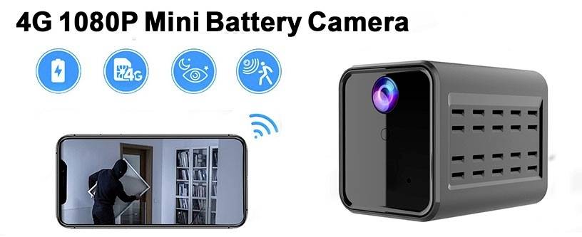 Caméra compacte noire 4G avec résolution 1080P, adaptée à la surveillance domestique. Affiche une transmission en direct sur smartphone avec détection d'intrus.