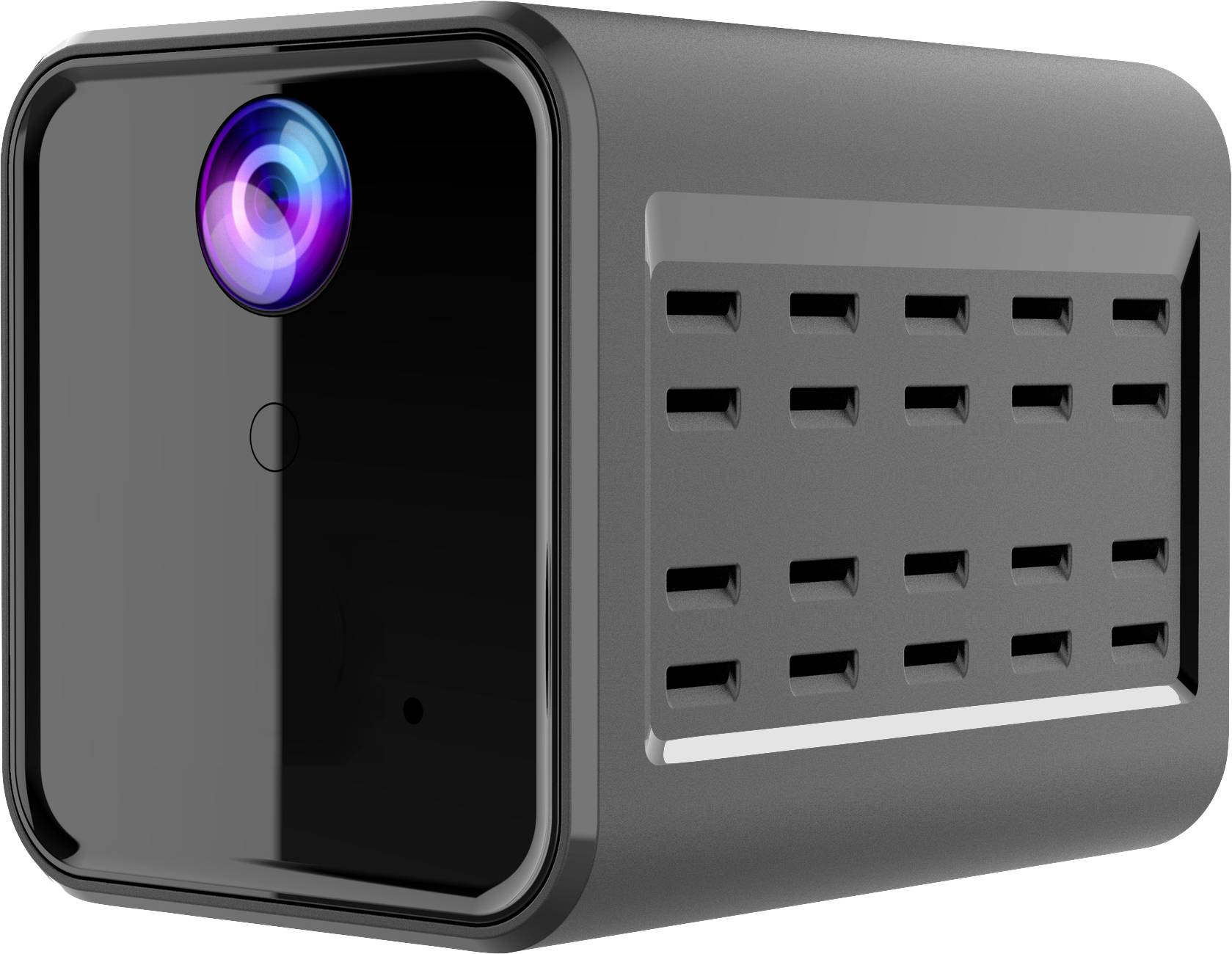 Une petite caméra de surveillance noire en forme de cube avec plusieurs fentes de ventilation et un objectif coloré à l'avant.